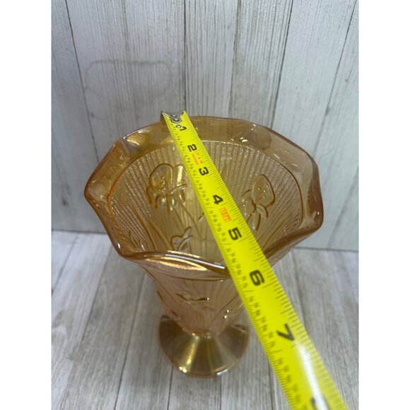 Vtg Jeannette Marigold Carnival Depression Herringbone Vase Iris Peach 9'' Tall - Picture 10 of 11